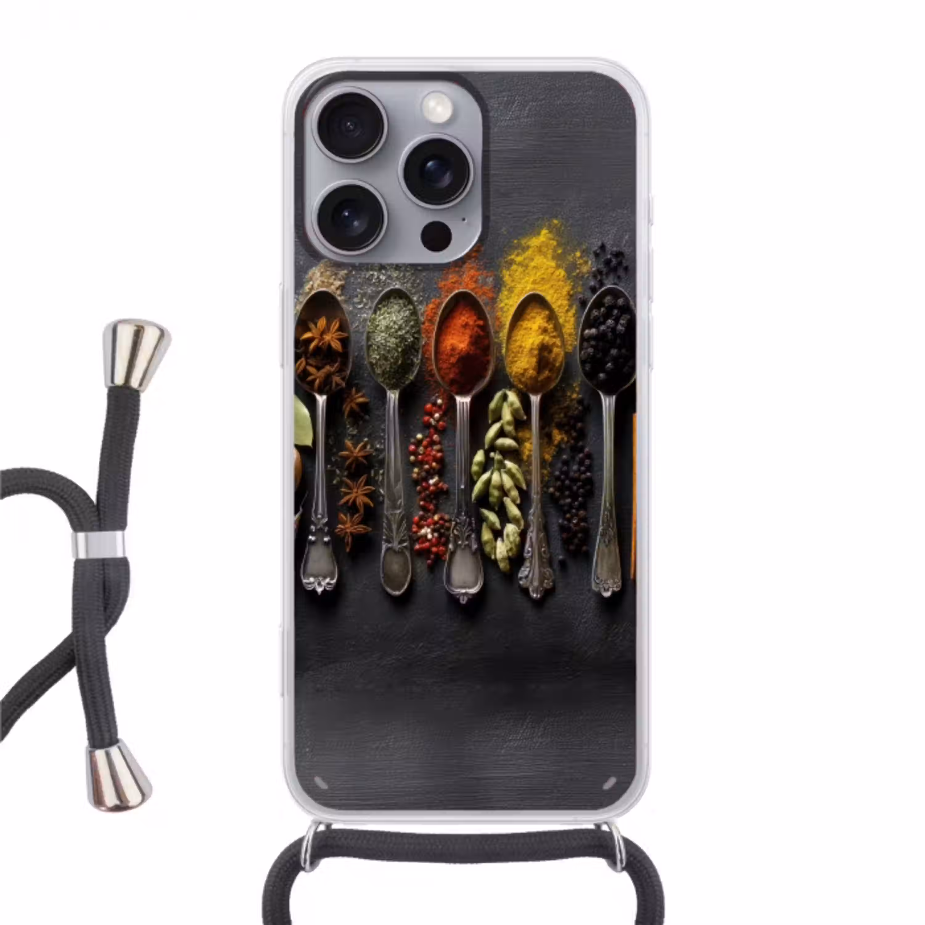 Lepels - Specerijen - Kaneel - Chili Hoesje iPhone 16 Pro Max met koord klein -3d