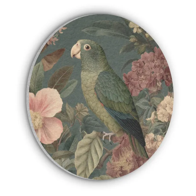 Acoustic painting round - Green parrot - Colorful flowers - Dark background
