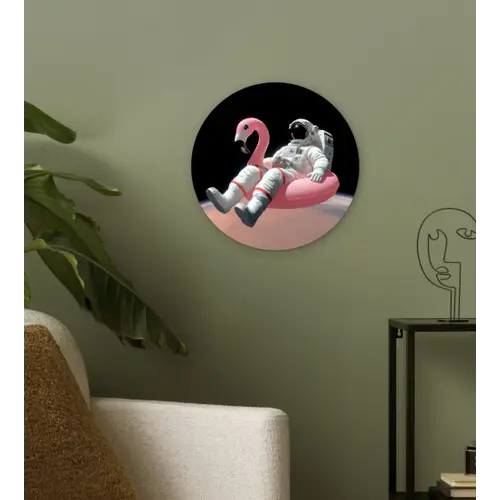 Astronaut - Flamingo - Zwemband - Roze Wandcirkel kunststof plaat 5mm dik klein -sfeer3