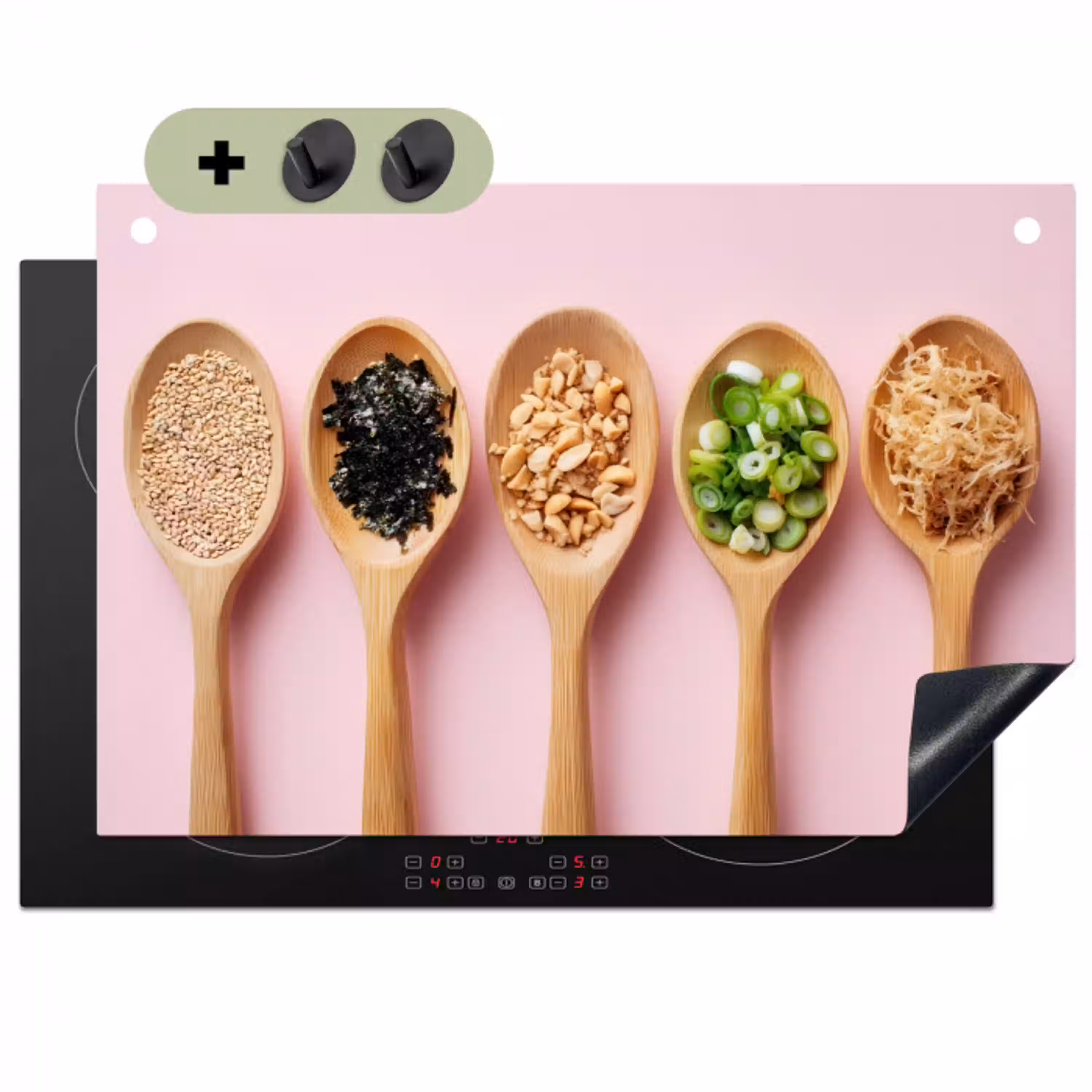 Ingrediënten - Lepels - Hout - Roze Inductie beschemer met haakjes klein -3d