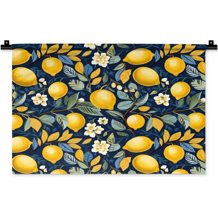Citroenen - Bloemen - Bladeren - Blauw Wandkleed katoen klein 269 -zz3d
