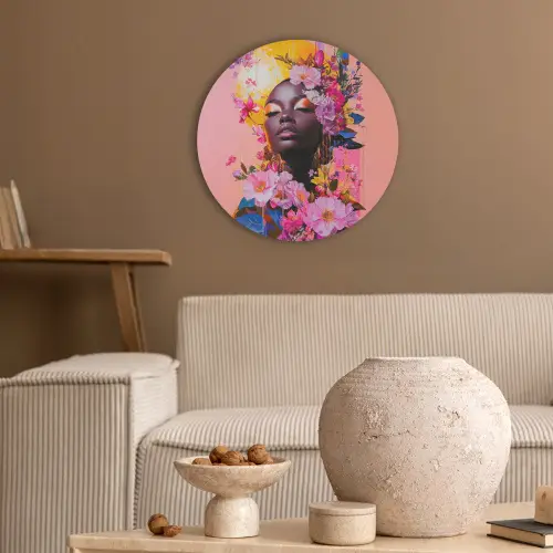 Kleurrijk - Bloemen - Vrouw - Zon Akoestische PET Vilt - Rond klein -sfeer1