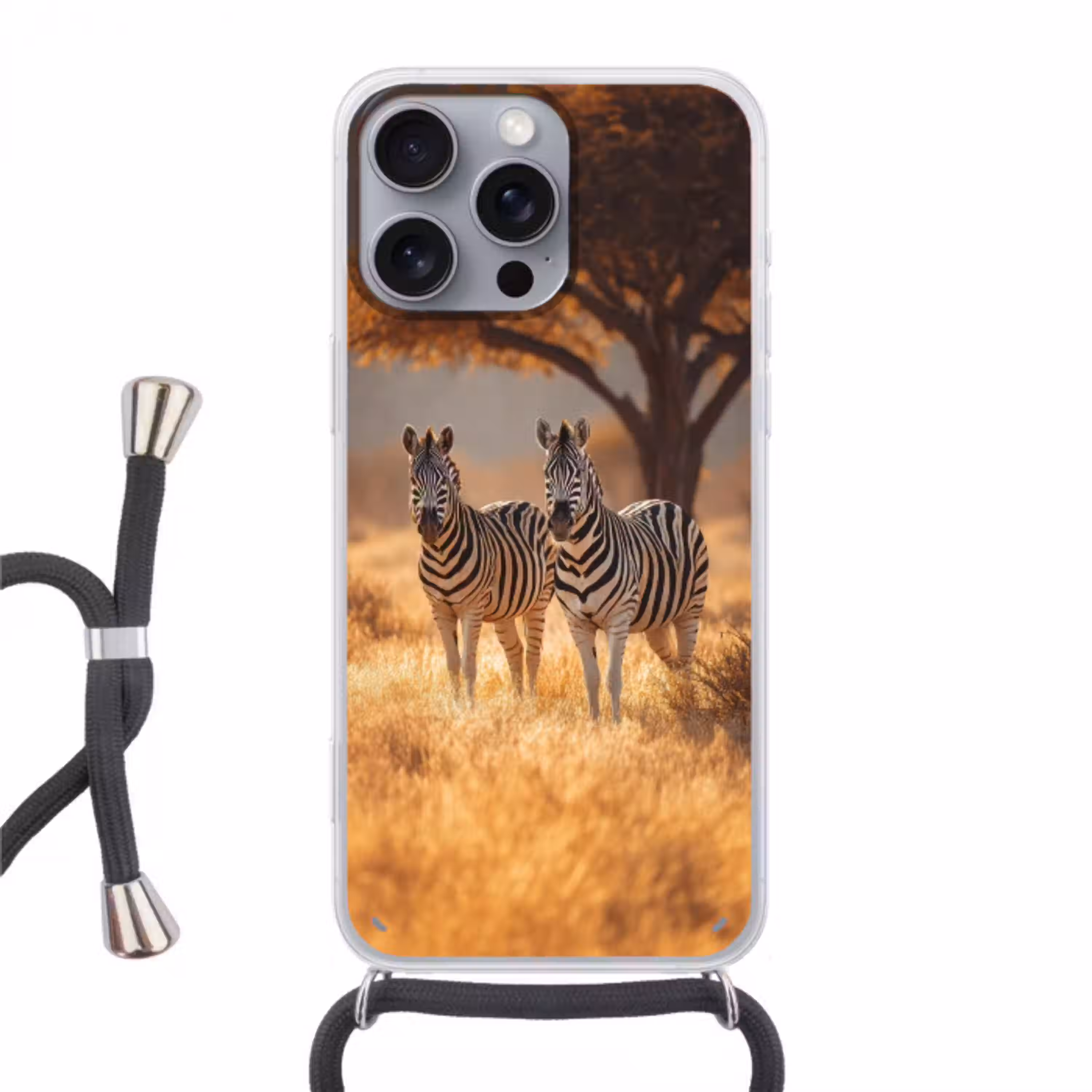 Zebra's - Savannelandschap - Gras Hoesje iPhone 16 Pro Max met koord klein -3d