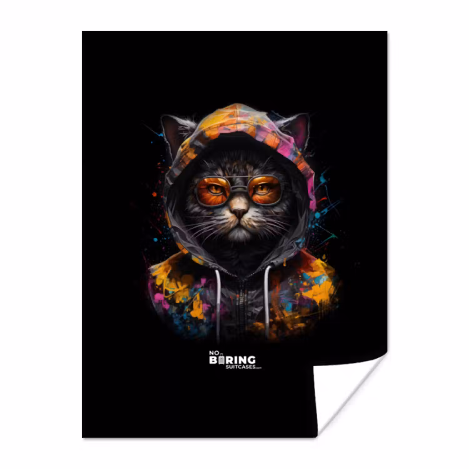Poster - Katze mit bunter Weste und orangefarbener Brille