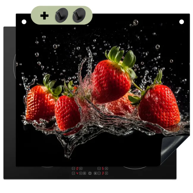 Inductiebeschermer & spatscherm (2in1) - Aardbeien - Fruit - Rood - Water - Zwart
