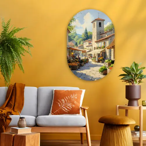Dorp - Zon - Kraampjes - Huizen Wandcirkel Ovaal Glas middel -sfeer4