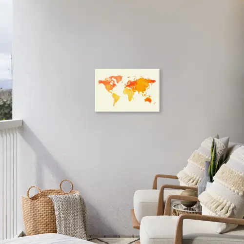 Wereldkaart - Oranje - Kleurrijk Tuinposter op houten frame 2 cm dik klein -sfeer1