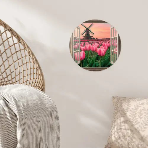 Doorkijk - Tulpen - Bloemen - Molen - Raam Wandcirkel behangsticker klein -sfeer4