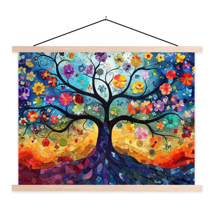 Kunst - Levensboom - Bloemen - Hippie textielposter latten blank klein -3d