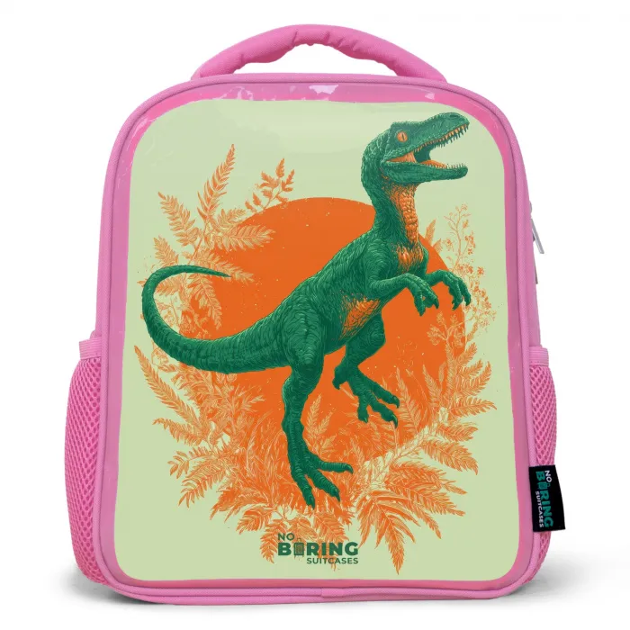 Groene dino tussen varens Kinderrugzak - Roze middel -3d