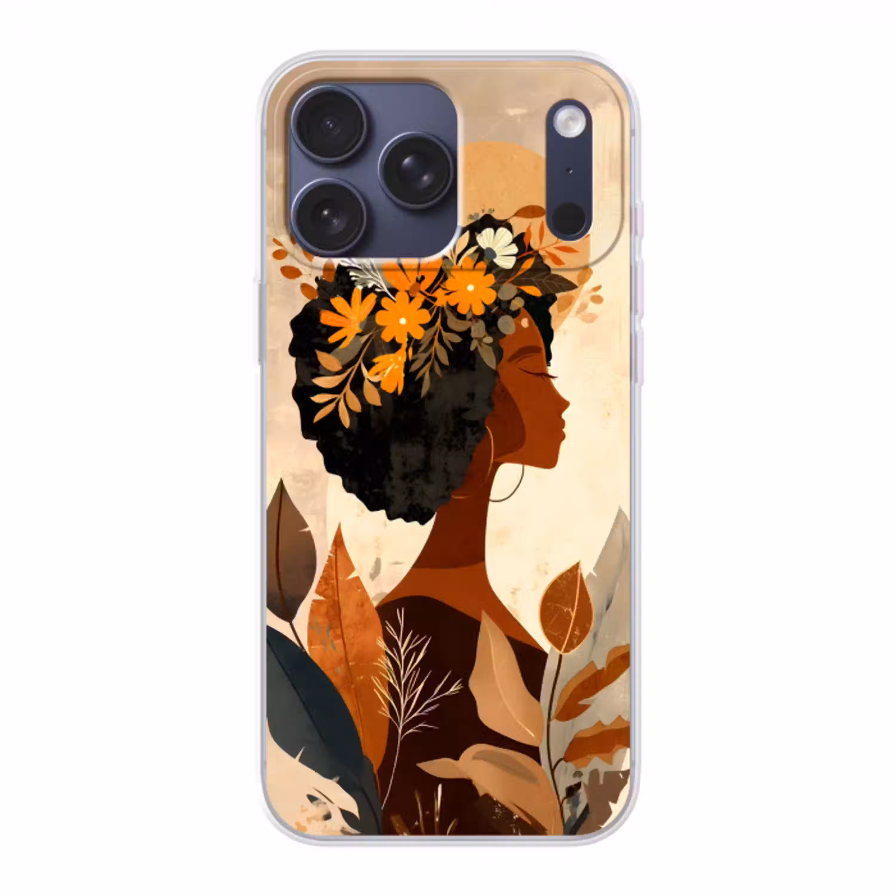 Vrouw - Krullen - Bloemen - Beige Telefoonhoesje iPhone 17 Pro Max klein -3d