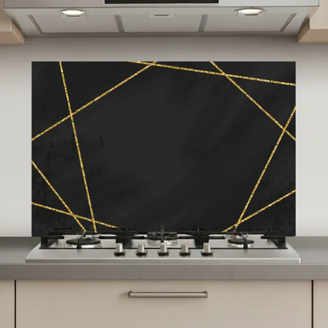 Geometrisch patroon van gouden lijnen op een zwarte achtergrond keuken achterwand spatscherm klein -3d_website