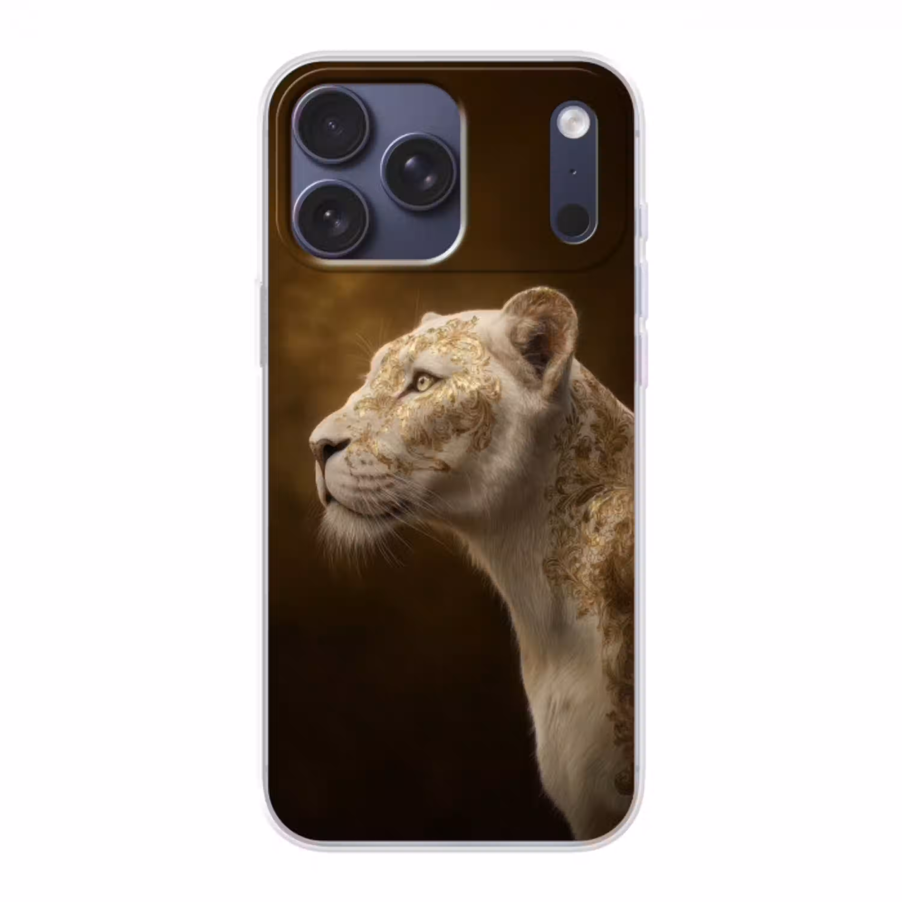 Leeuwin - Bloemen - Wit - Goud Telefoonhoesje iPhone 17 Pro Max klein -3d