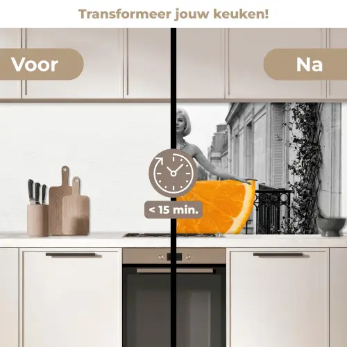 Sinaasappel - Eiffeltoren - Vrouw keuken achterwand 2 middel -voor-na2_NL