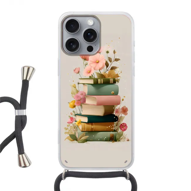 Telefoonhoesje met koord - Boeken - Stapel - Bloemen - Kleurrijk