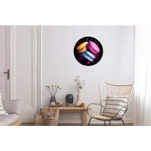 Macarons - Dessert - Graffiti - Kleurrijk - Roze - Blauw - Geel Wandcirkel aluminium klein -woonkamer