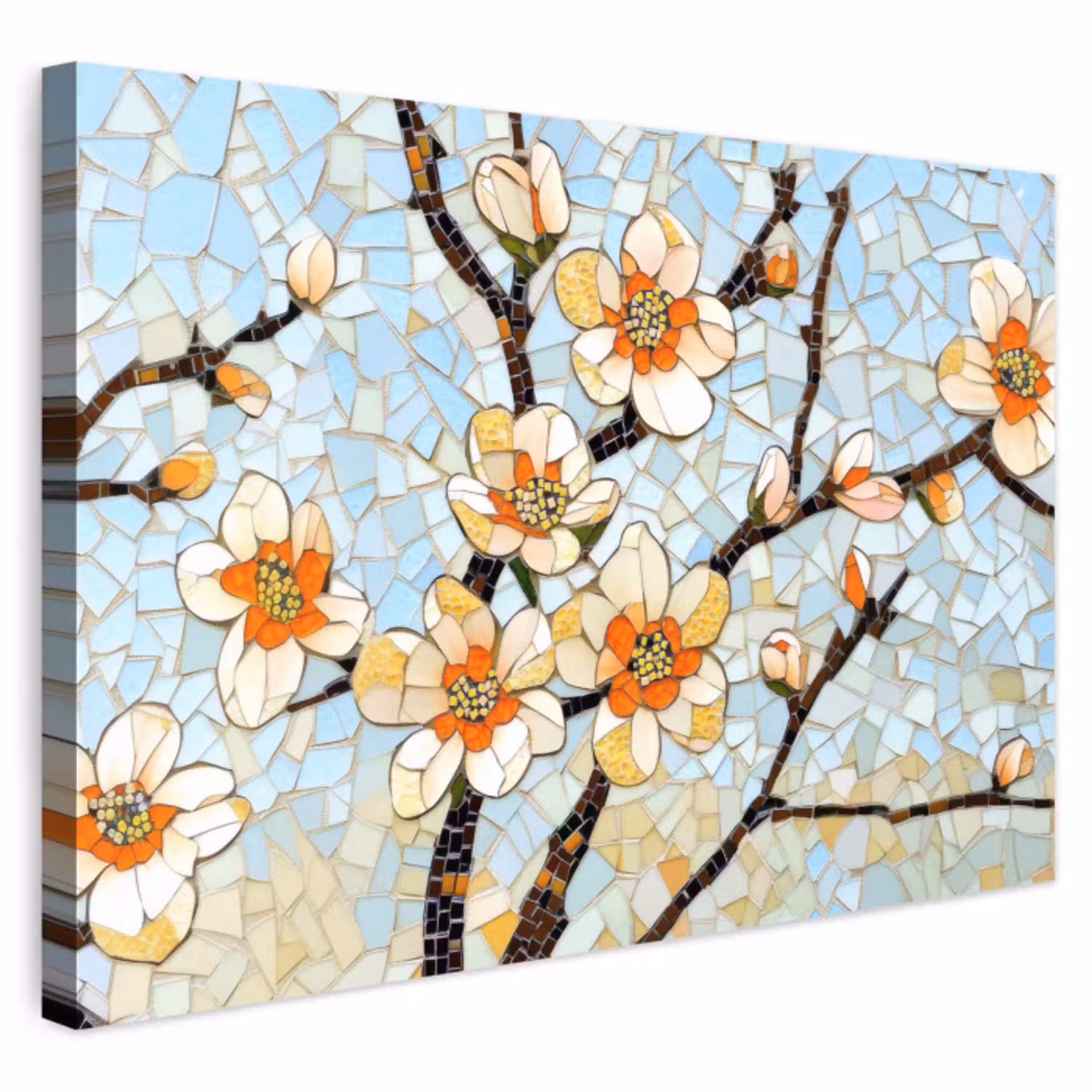 Bloesems - Wit - Mozaïek - Tak Tuinposter op houten frame 2 cm dik klein -3d