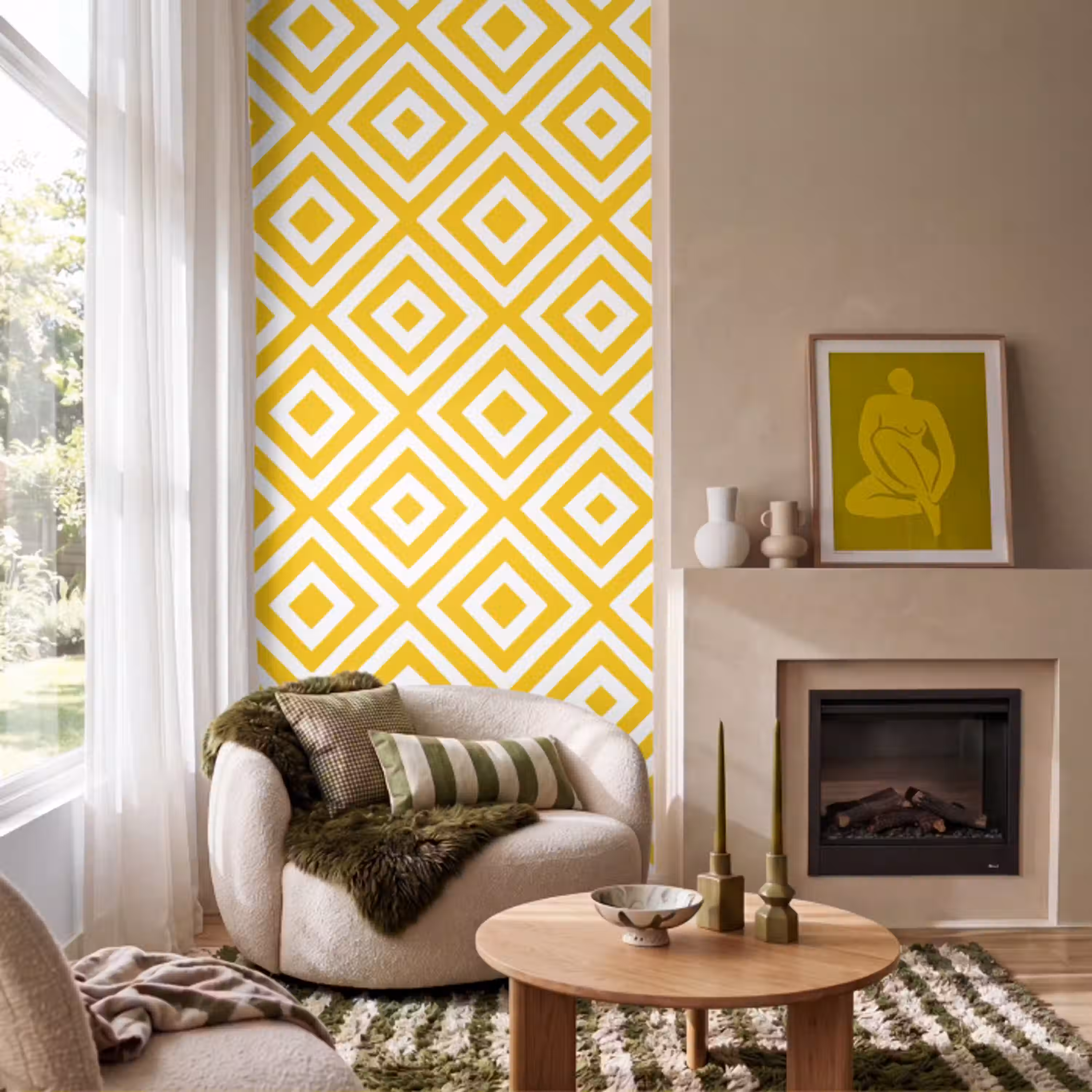 Geometrisch - Lijnen - Modern - Geel - Wit Behang Vlies klein 1076 -sfeer2