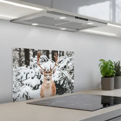 Hert - Sneeuw - Winter - Bos - Dieren keuken achterwand spatscherm klein -3d_schuin