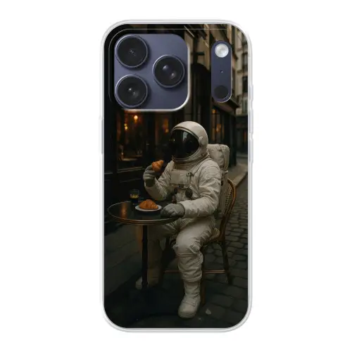 Café - Croissant - Koffie - Astronaut Telefoonhoesje iPhone 17 Pro klein -3d