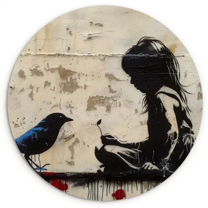 Street art - Meisje - Vogel - Graffiti - Banksy Wandcirkel kunststof plaat 5mm dik klein -3d
