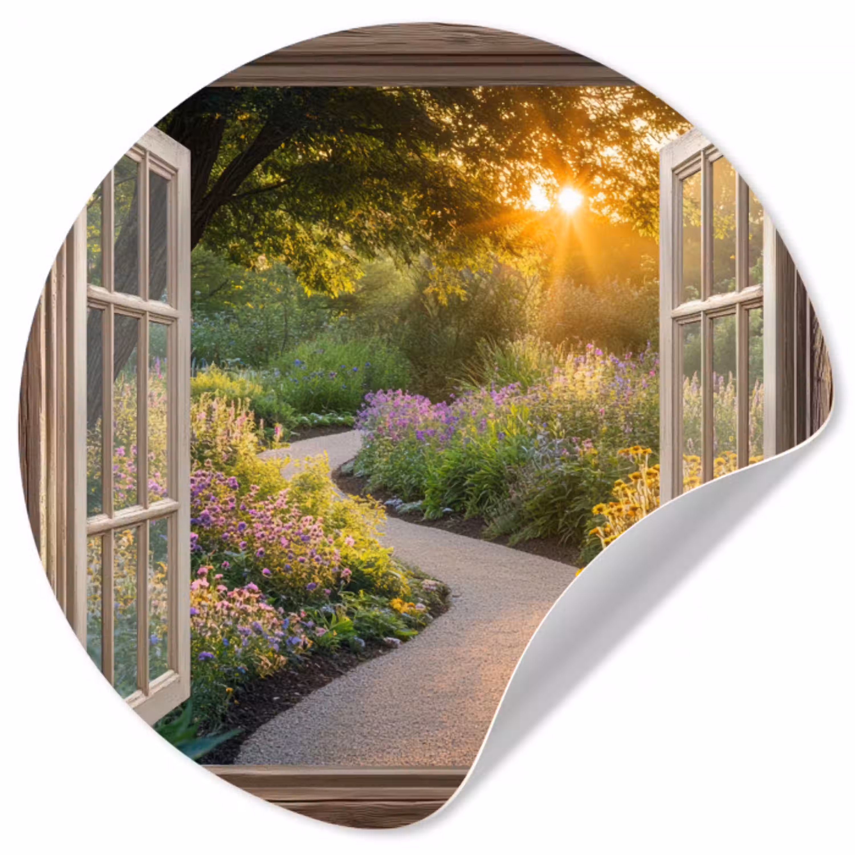 Doorkijk - Bloemen - Natuur - Zon - Pad Wandcirkel behangsticker klein -3d