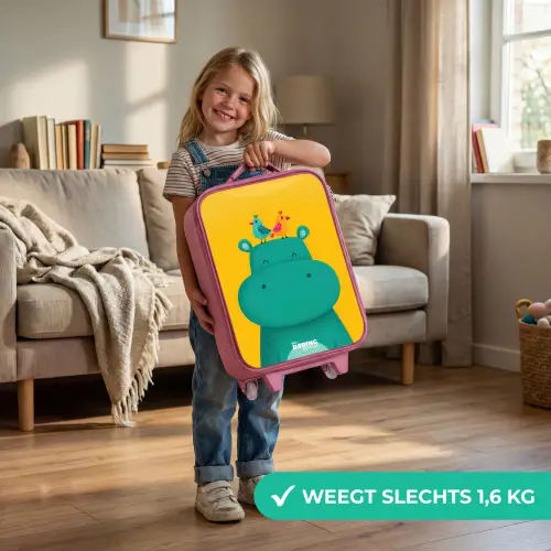 Nijlpaard - Vogels - Geel Kinderkoffer - Roze klein -sfeer2_NL