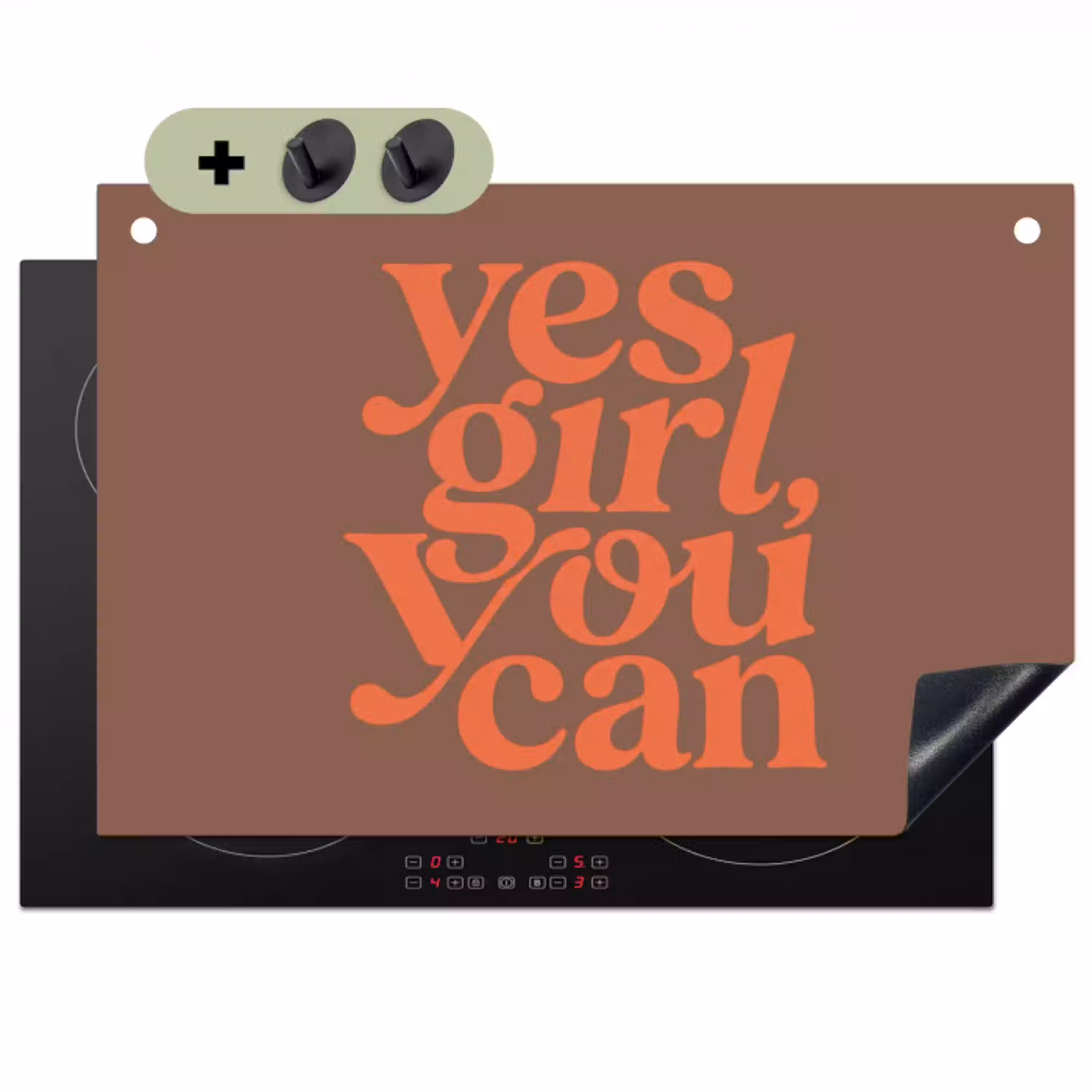 Yes girl you can - Oranje - Bruin Inductie beschemer met haakjes klein -3d