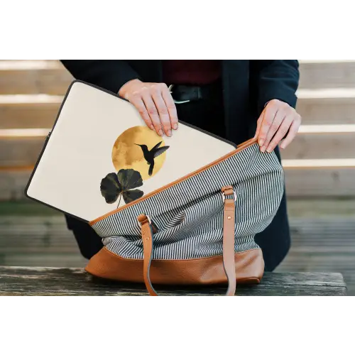 Zwarte kolibrie - Bloem - Gouden cirkel laptophoes neopreen klein -tas