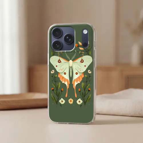 Bloemen - Bladeren - Olijfgroen - Vlinder Telefoonhoesje iPhone 17 Pro klein -sfeer2