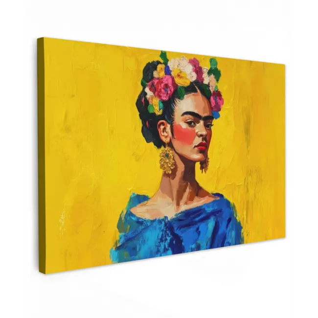 Buiten canvas - Frida Kahlo - Vrouw - Geel - Blauw - Bloemen