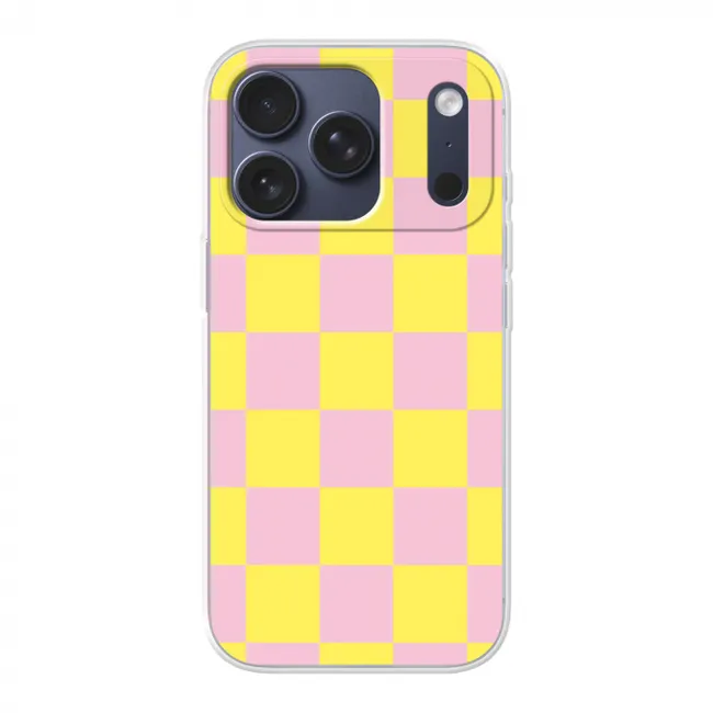 Telefoonhoesje - Schaakbord patroon - Geel - Roze - Blokjes