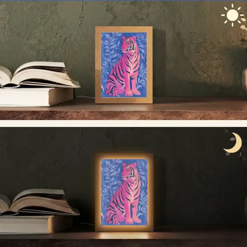 Tijger - Roze - Bladeren - Jungle Light Box met kabel (Tafellamp) klein -sfeer3