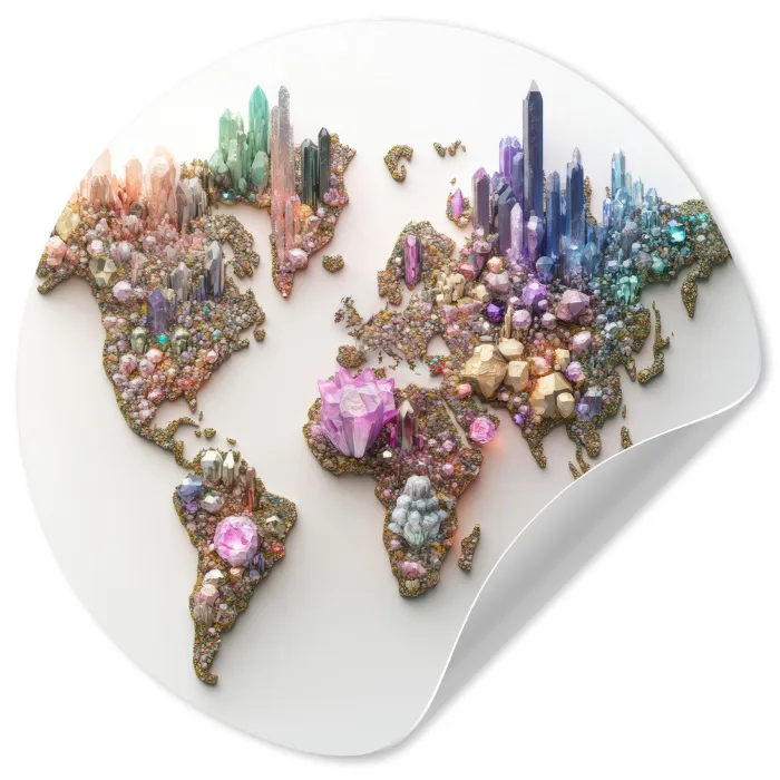 Wereldkaart - Kristallen - Unieke tinten Wandcirkel behangsticker klein -3d