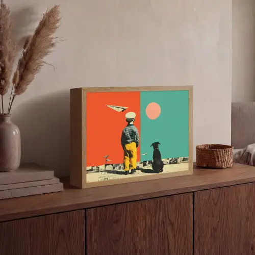 Retro - Jongen - Hond - Rood - Groen Light Box met batterij (Wandlamp) middel -sfeer2
