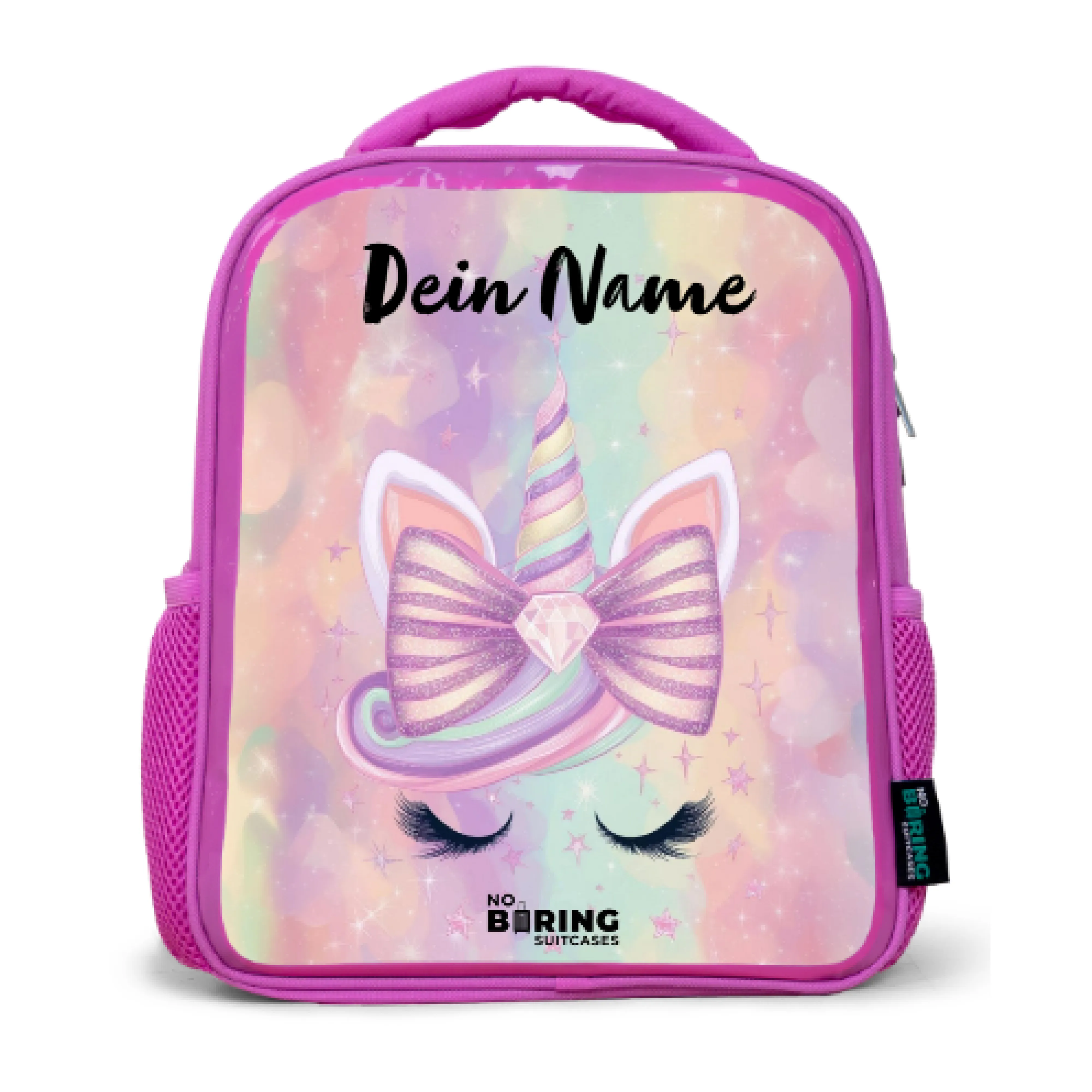 Kinderrucksack mit Name - Rosa - Einhorn - Glitzer - Regenbogen - Pastell