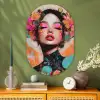Portret - Vrouw - Abstract - Bloemen Wandcirkel Ovaal Glas middel -sfeer2