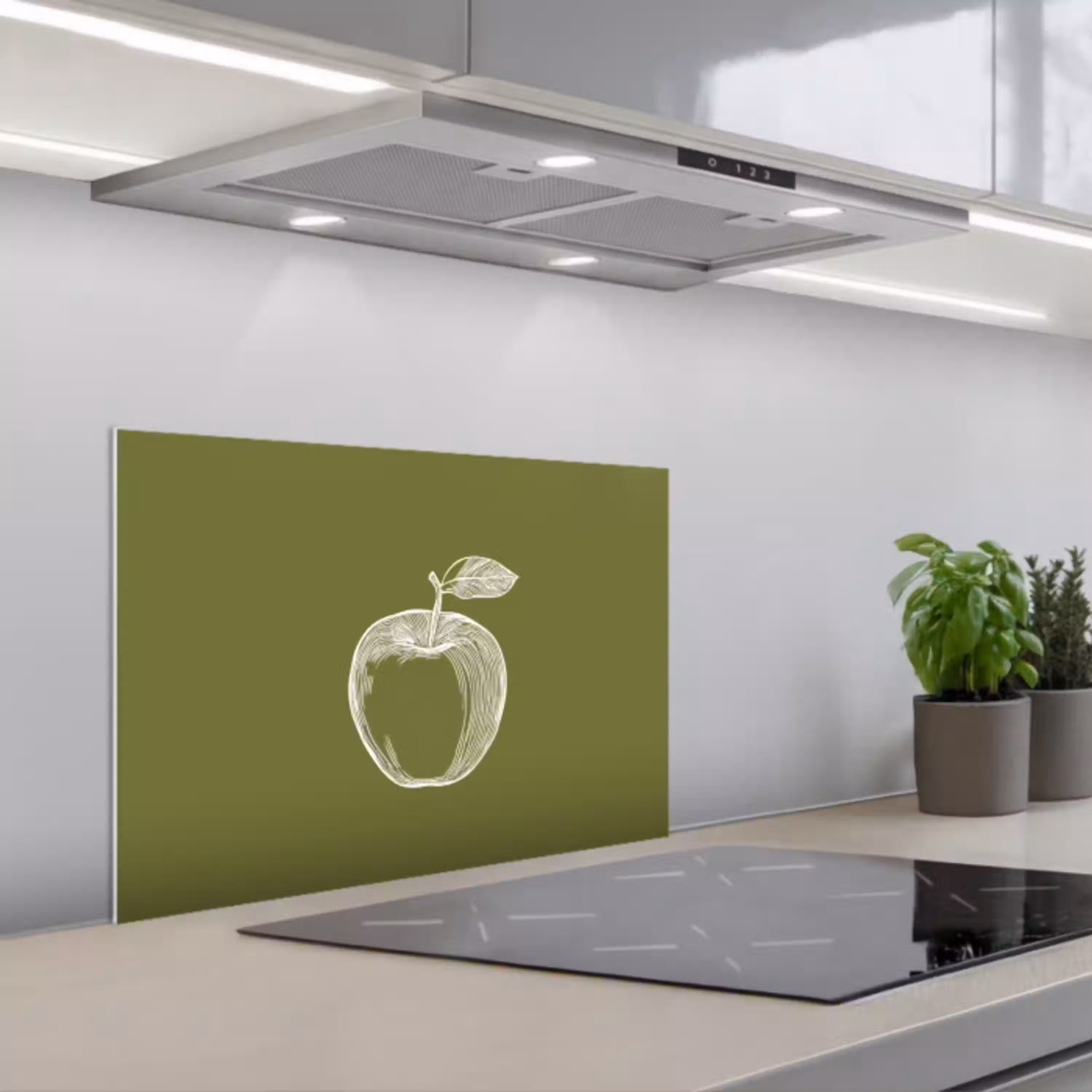 Lijntekening - Appel - Olijfgroen - Blaadje keuken achterwand spatscherm klein -3d_schuin