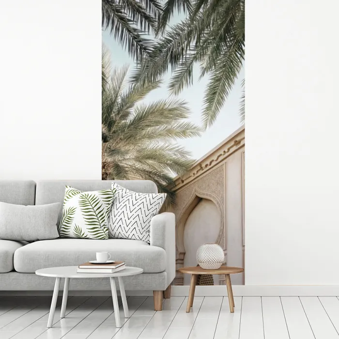 Gebouw - Palmbomen - Beige - Zon fotobehang vinyl groot -woonkamer