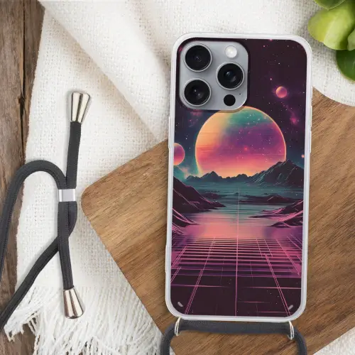 Landschap - Planeten - Horizon - Paars Hoesje iPhone 16 Pro Max met koord klein -sfeer4