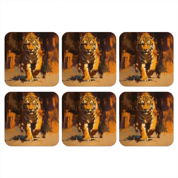 Tijger - Geschilderd - Oranje - Penseelstreken onderzetter kurk middel -3d