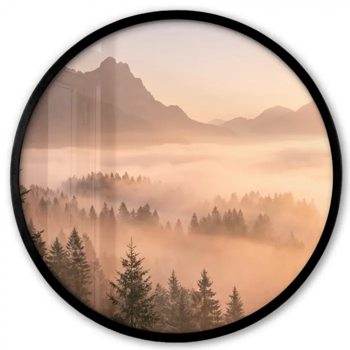 Zonlicht - Mist - Bergen - Bomen Fotolijst rond zonder passe partout klein -3d