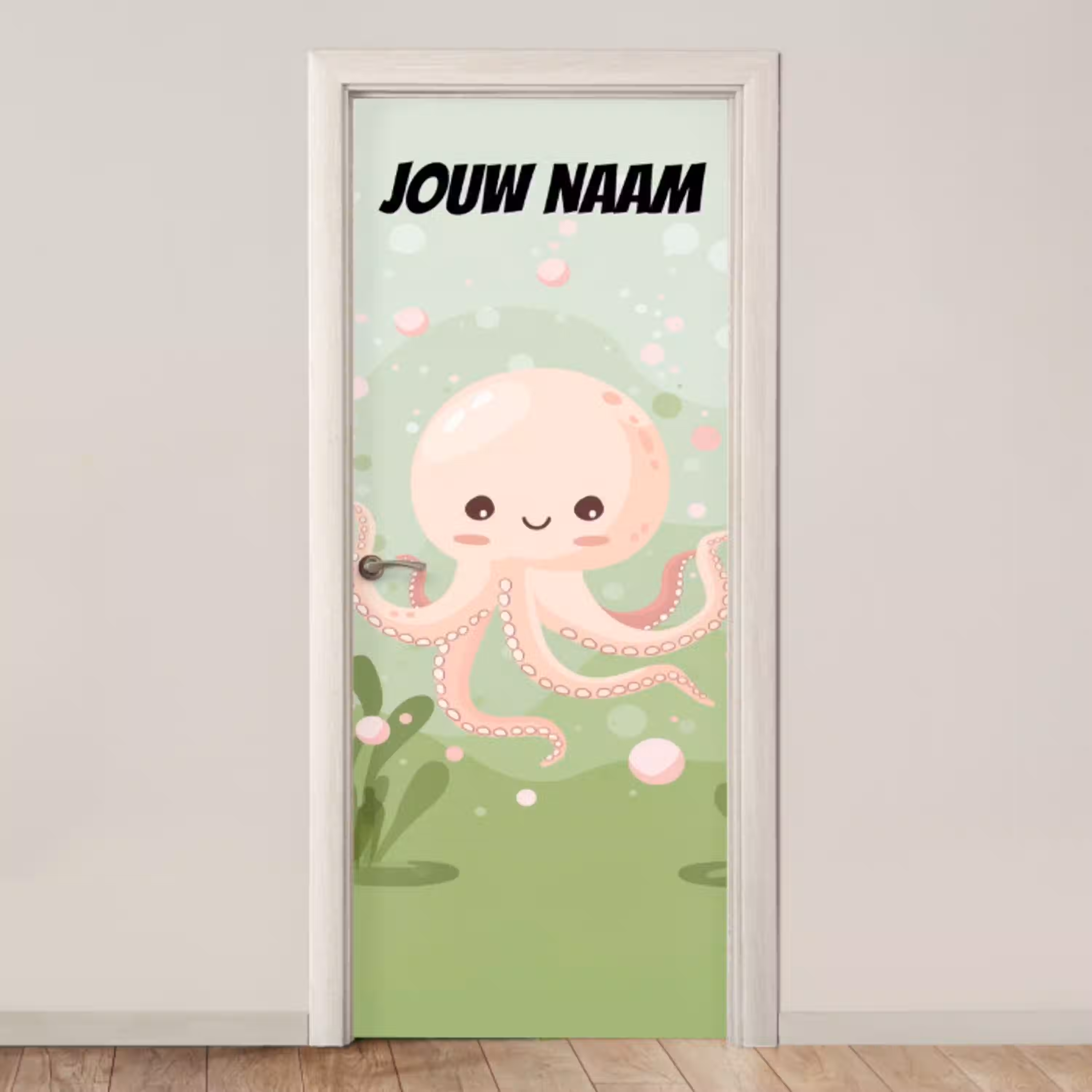 Schattige octopus in zachte pastelkleuren met de tekst “Deze kamer is van: jouw naam”. deurposter klein -3d_beige