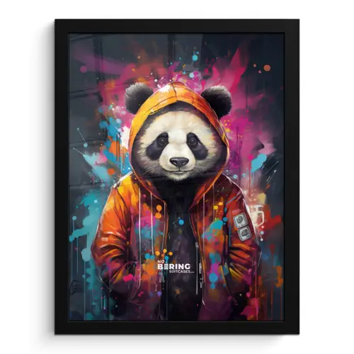 Panda met oranje jas en verfspetters fotolijst zwart zonder passe partout klein -3d