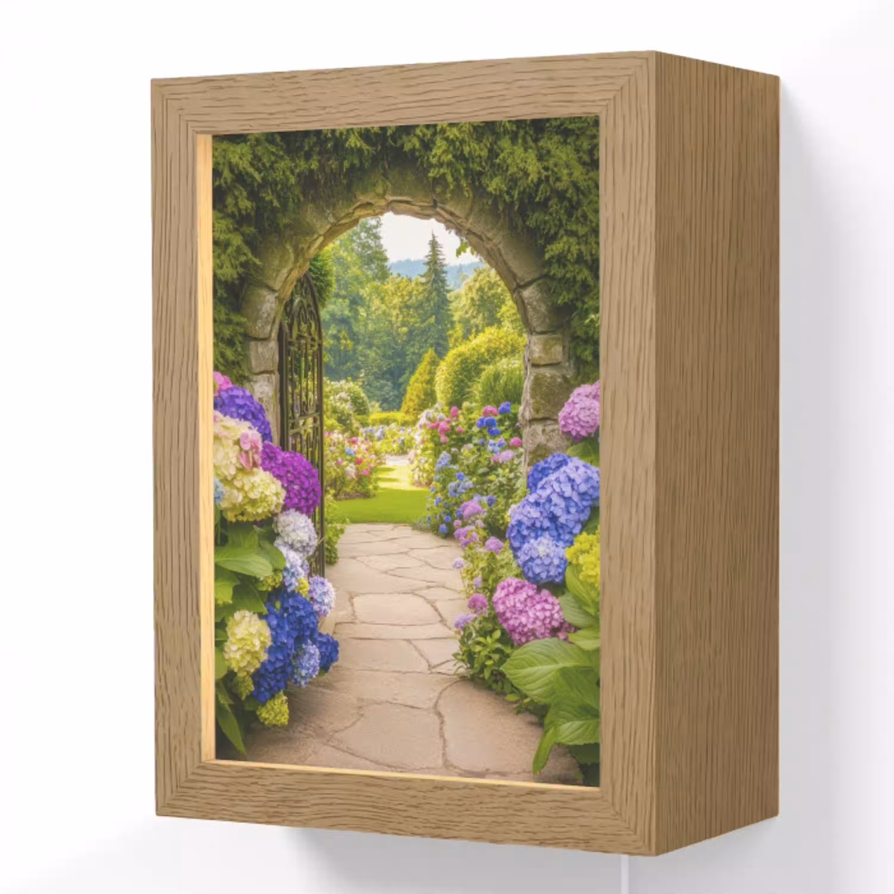 Doorkijk - Poort - Hortensia - Bloementuin Light Box met kabel (Wandlamp) klein -3d