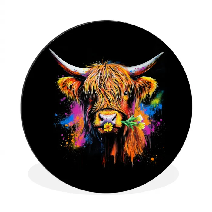 Schotse Hooglander - Graffiti - Kleurrijk - Bloem - Dieren Wandcirkel aluminium klein -3d