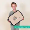 Blauwe dinosaurus op een beige stippenachtergrond Kinderkoffer - Zwart klein -sfeer4_NL