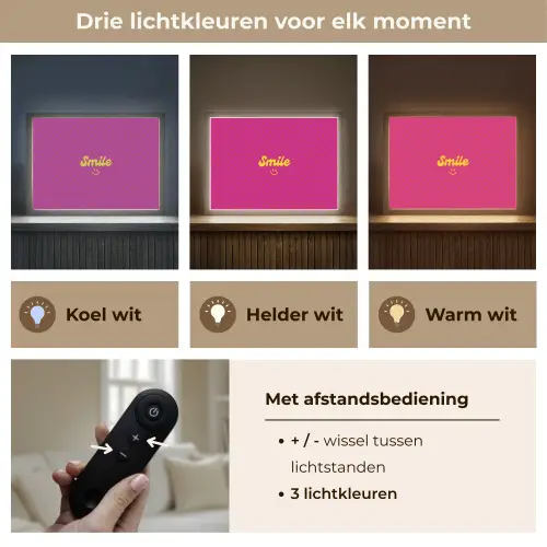 Smile - Stippen - Geel - Smiley - Roze Light Box met batterij (Wandlamp) middel -USP_lichtkleurNL