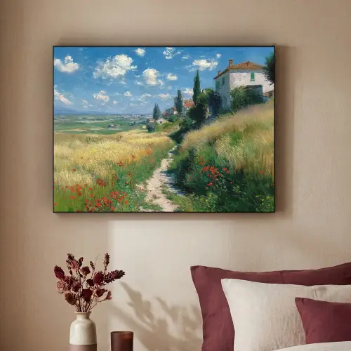 Zandpad - Huis - Bomen - Grasveld Textielframe zwart klein -sfeer1