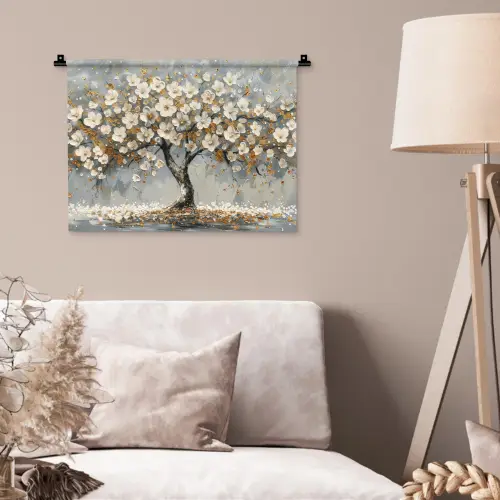 Boom - Bloemen - Wit - Natuur - Kunst Wandkleed katoen klein -sfeer4